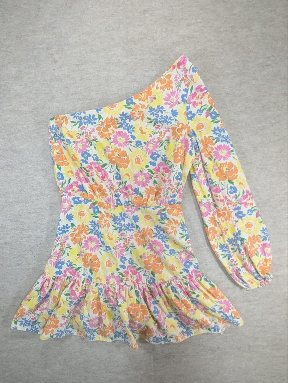 ASOS Spring Floral One Arm Mini Dress Long Sleeve Blue Pink Orange Cute Flirty 6